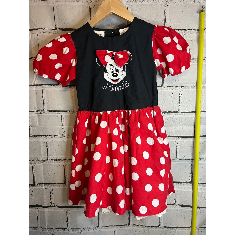 Vintage Disney Kids Minnie Mouse Polka Dot Dress Girls Size 6 Red Black 90s